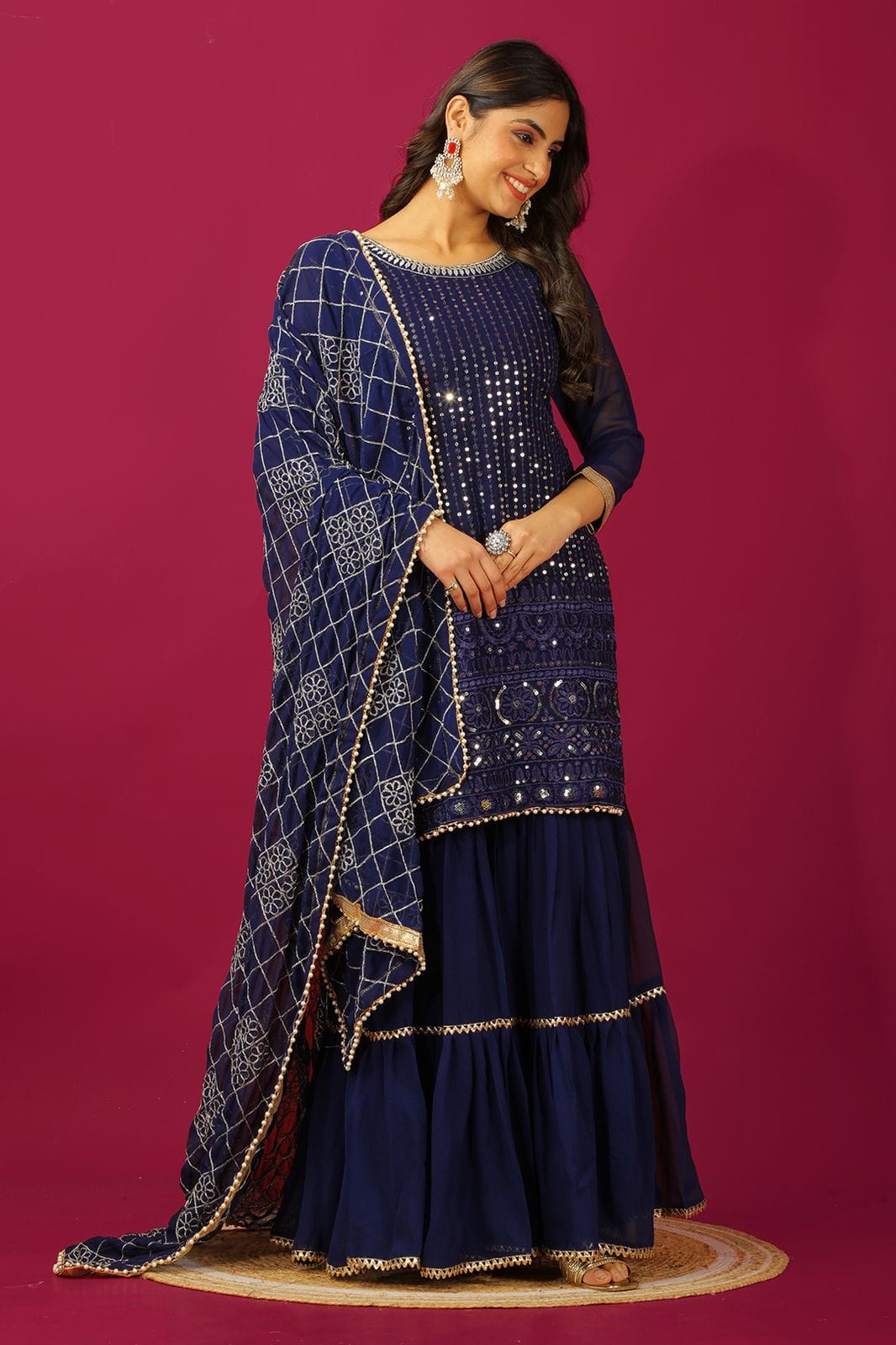 Navy Blue Chikankari Sharara Suit For Women - Image 2