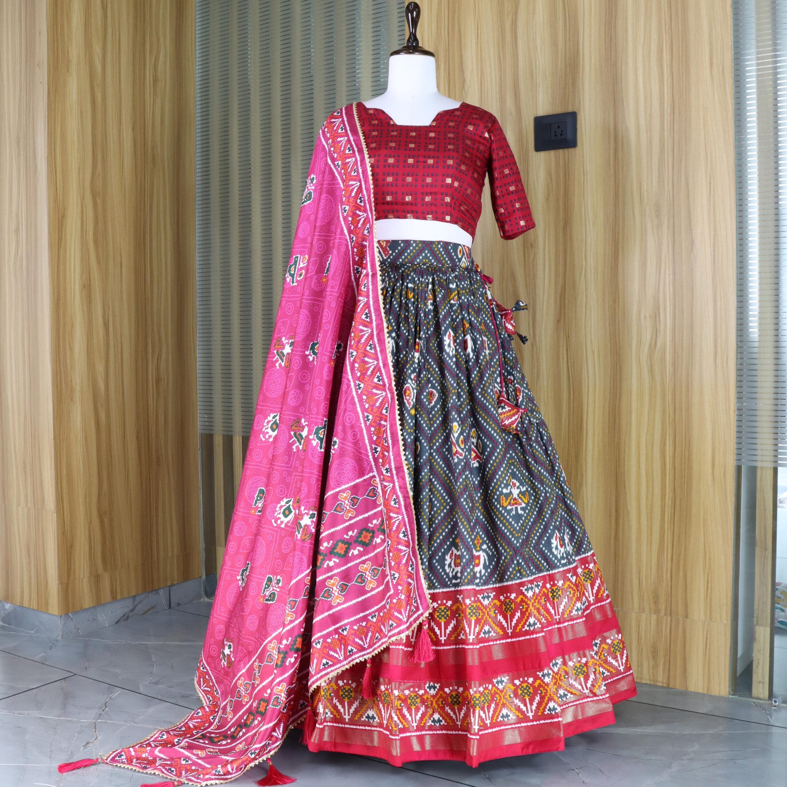 Designer Tusser Silk Lehenga with Bandhani Print - Image 3