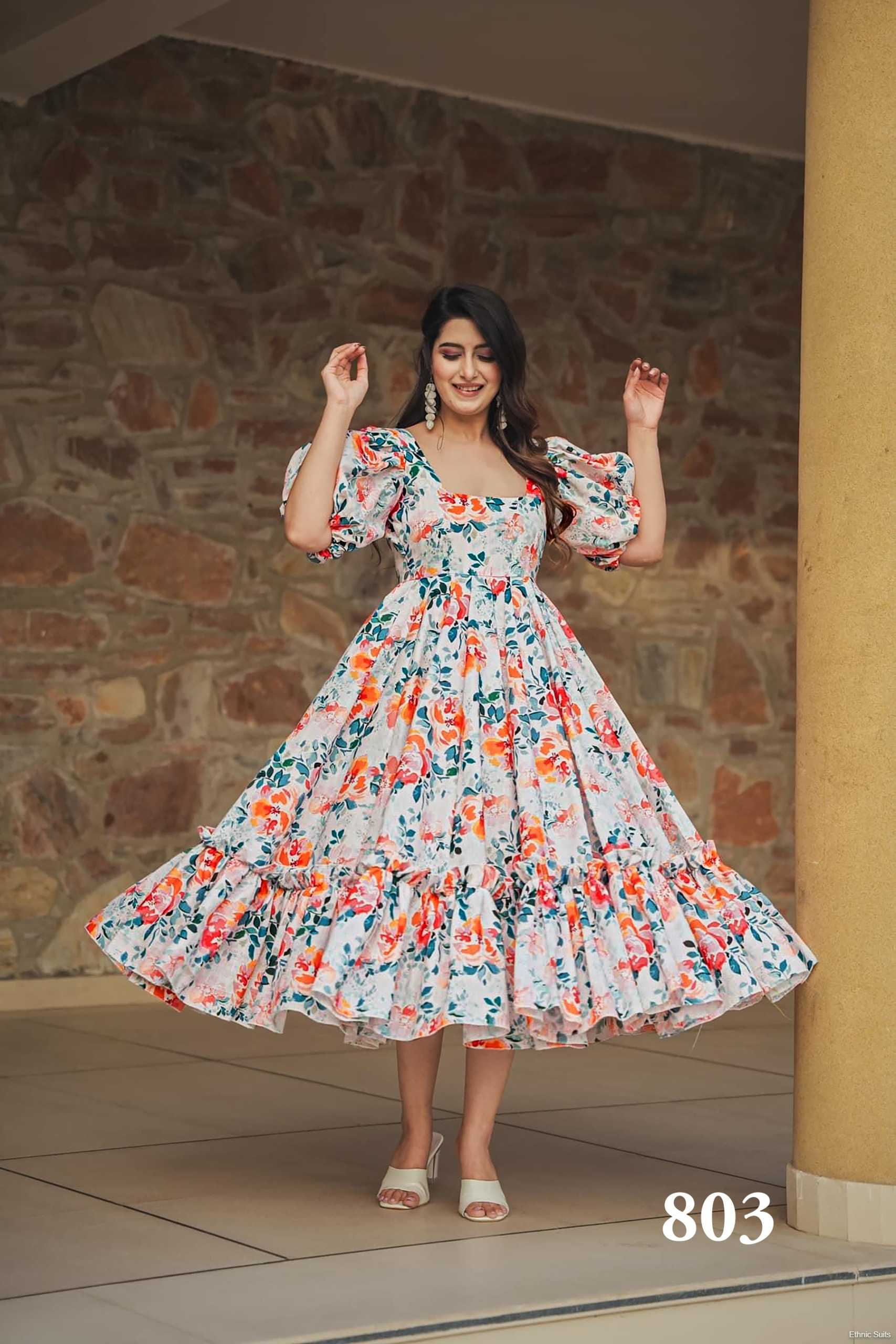 Floral Printerd Summer Wear Dress With Big Flair - Image 2