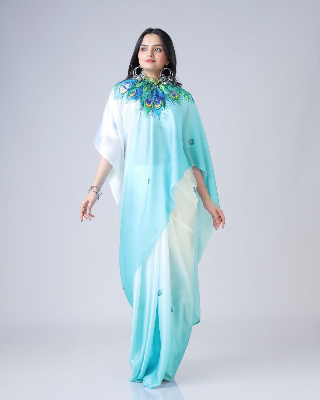 Sky Blue Color Hand Free Saree With Neck Style - Image 3