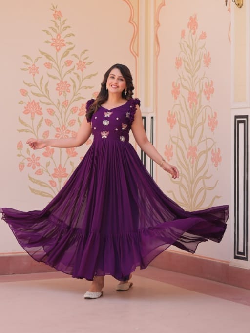 Beautifull Georgette Gown with Butterfly Embroidery