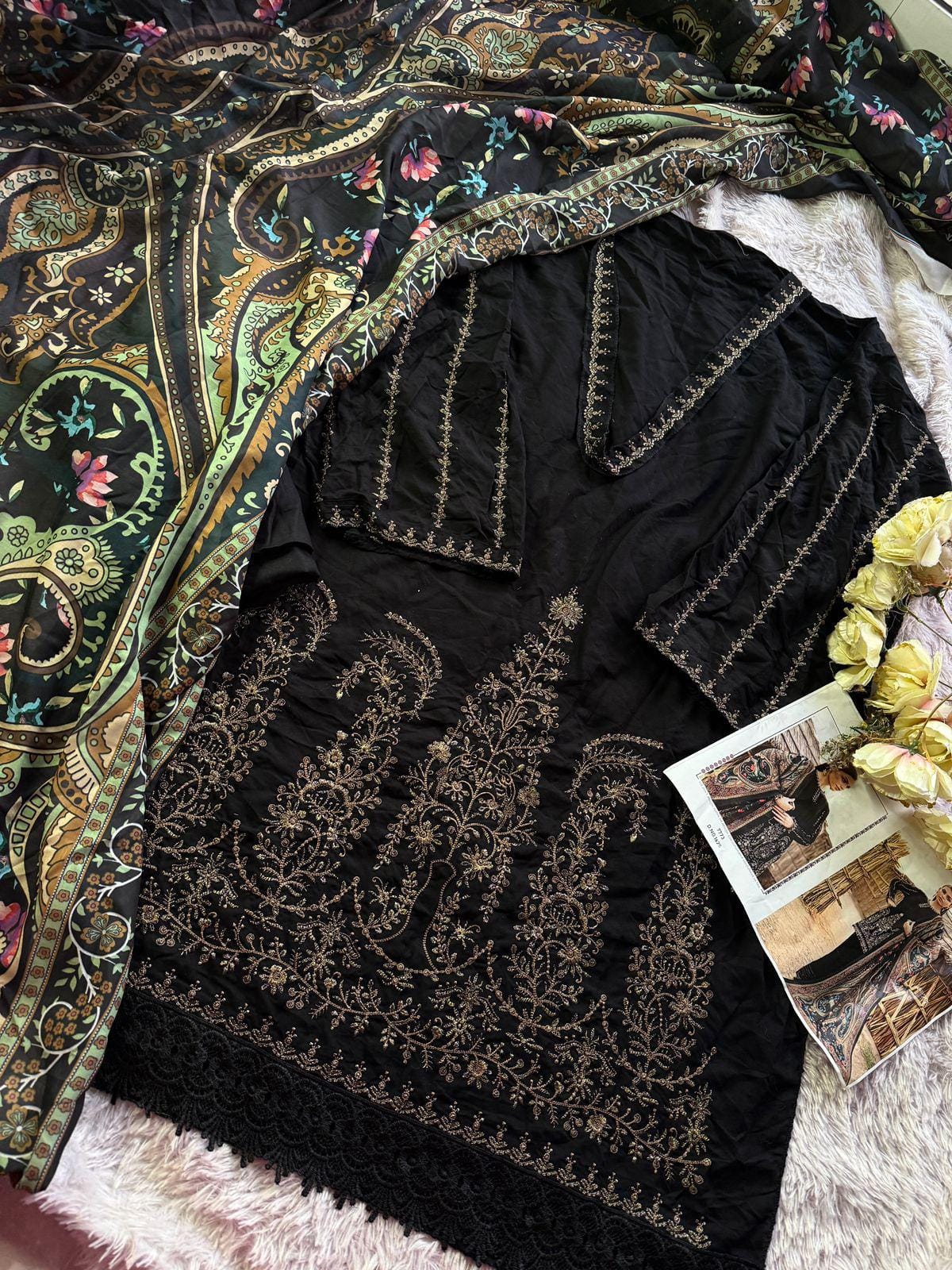 Black Cotton Pakistani Suit with Short Top - Image 4