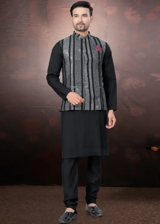 Wedding Wear Kurta With Nehru Jacket For Mens