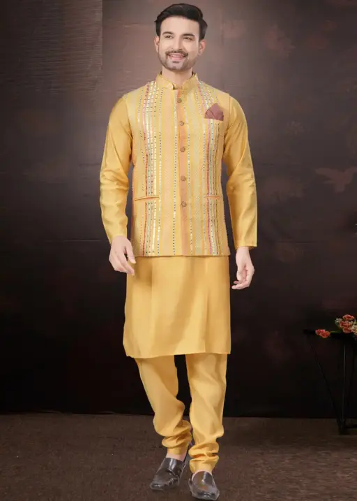 Wedding Wear Kurta With Nehru Jacket For Mens