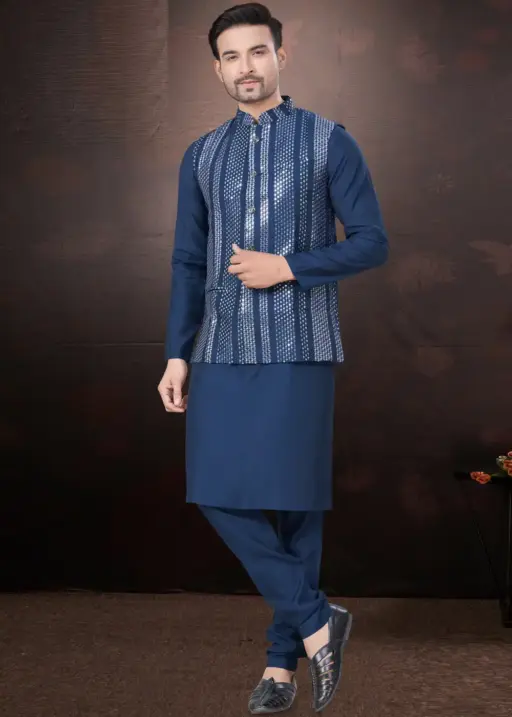 Wedding Wear Kurta With Nehru Jacket For Mens