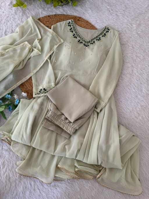 Readymade Pista Color Anarkali Gown With HandWork