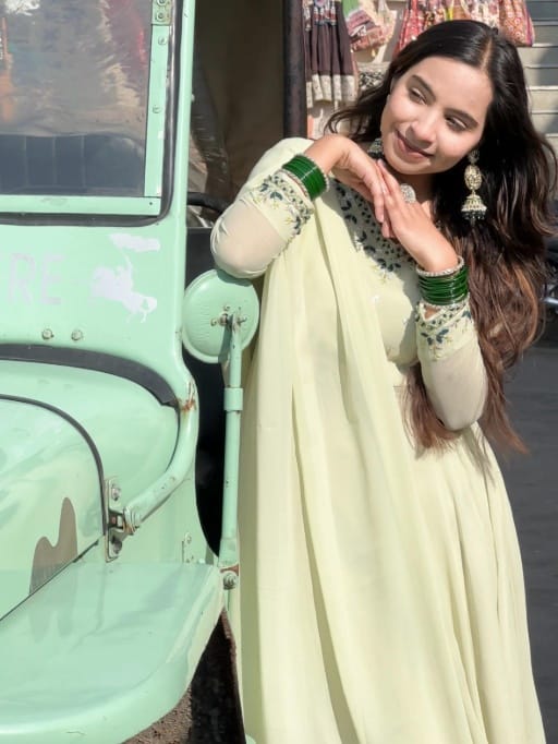Readymade Pista Color Anarkali Gown With HandWork