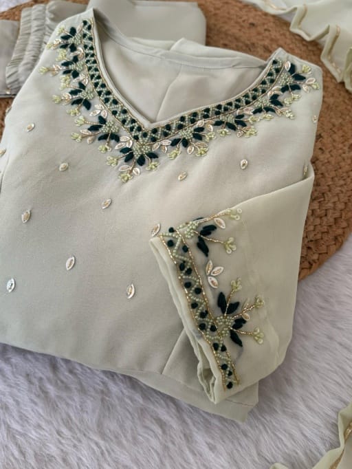 Readymade Pista Color Anarkali Gown With HandWork