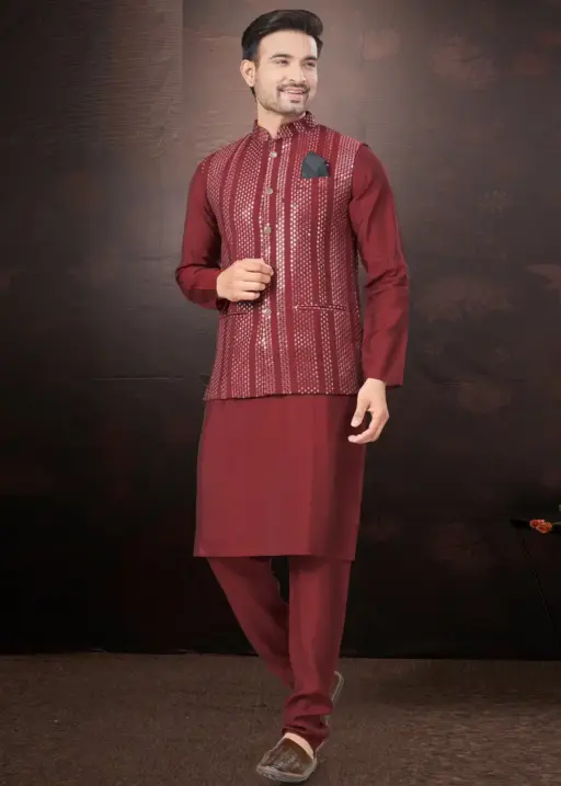 Wedding Wear Kurta With Nehru Jacket For Mens