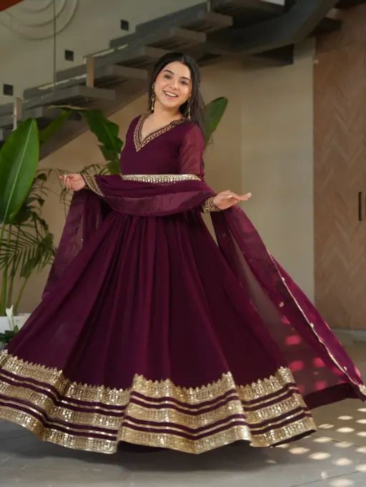 Shop elegant readymade maroon gown with dupatta for parties, weddings, and festive events. Stylish, comfortable, and ready-to-wear. Available in all sizes.