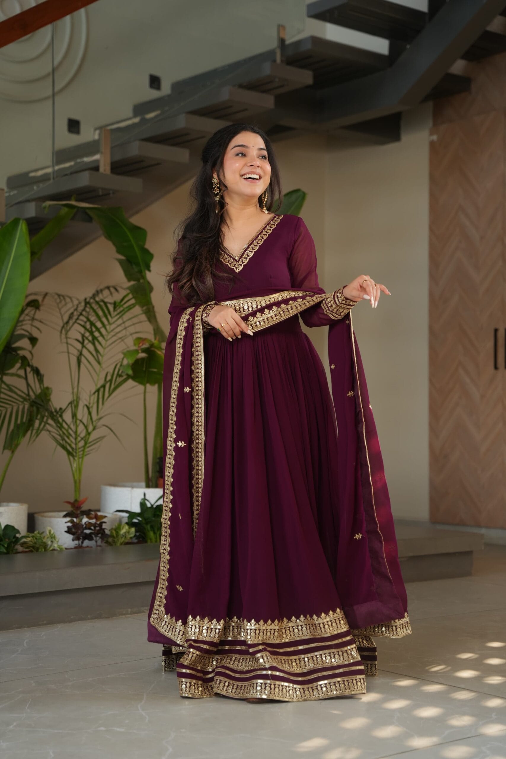 Readymade Beautiful Maroon Gown with Dupatta - Image 2