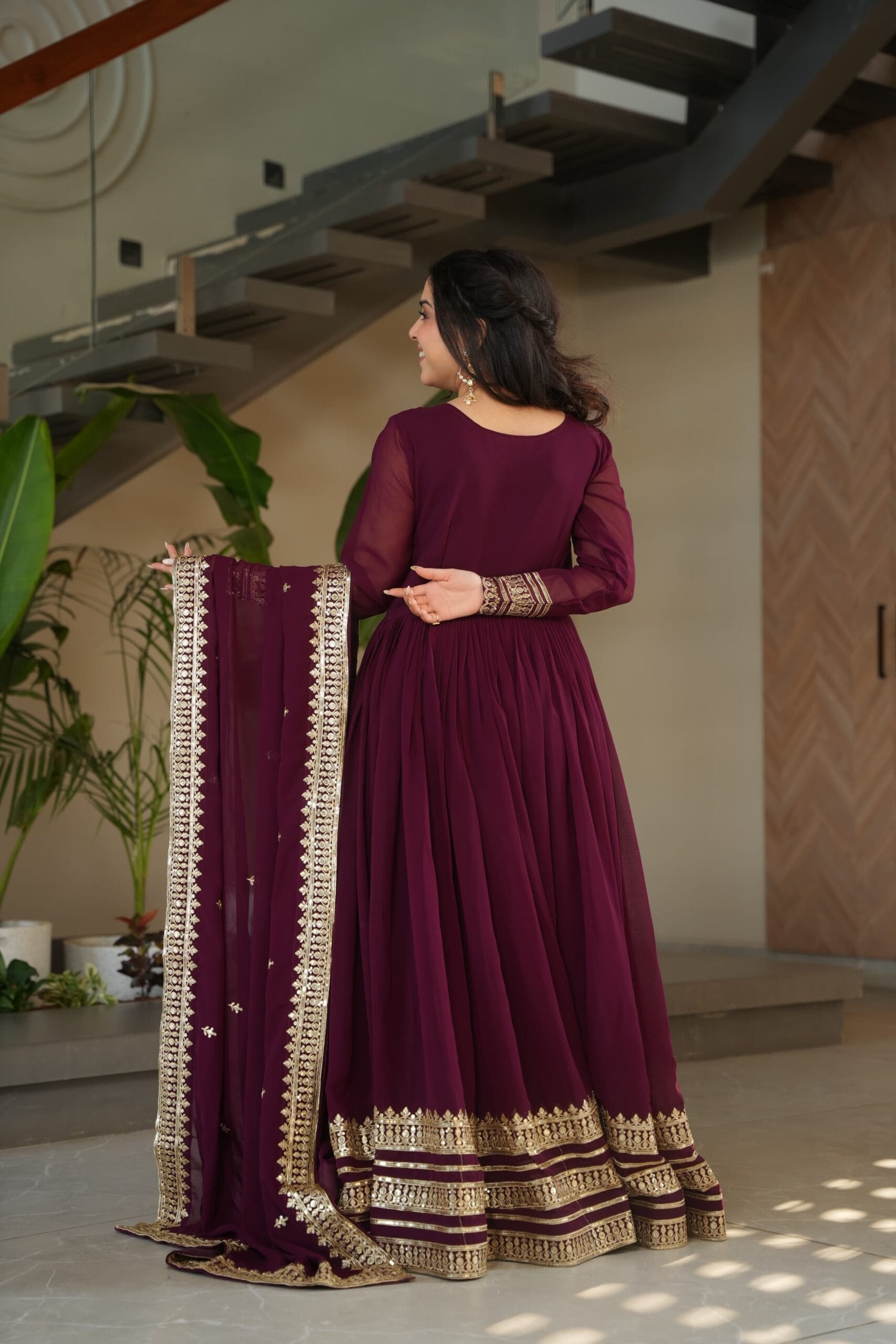 Readymade Beautiful Maroon Gown with Dupatta - Image 3