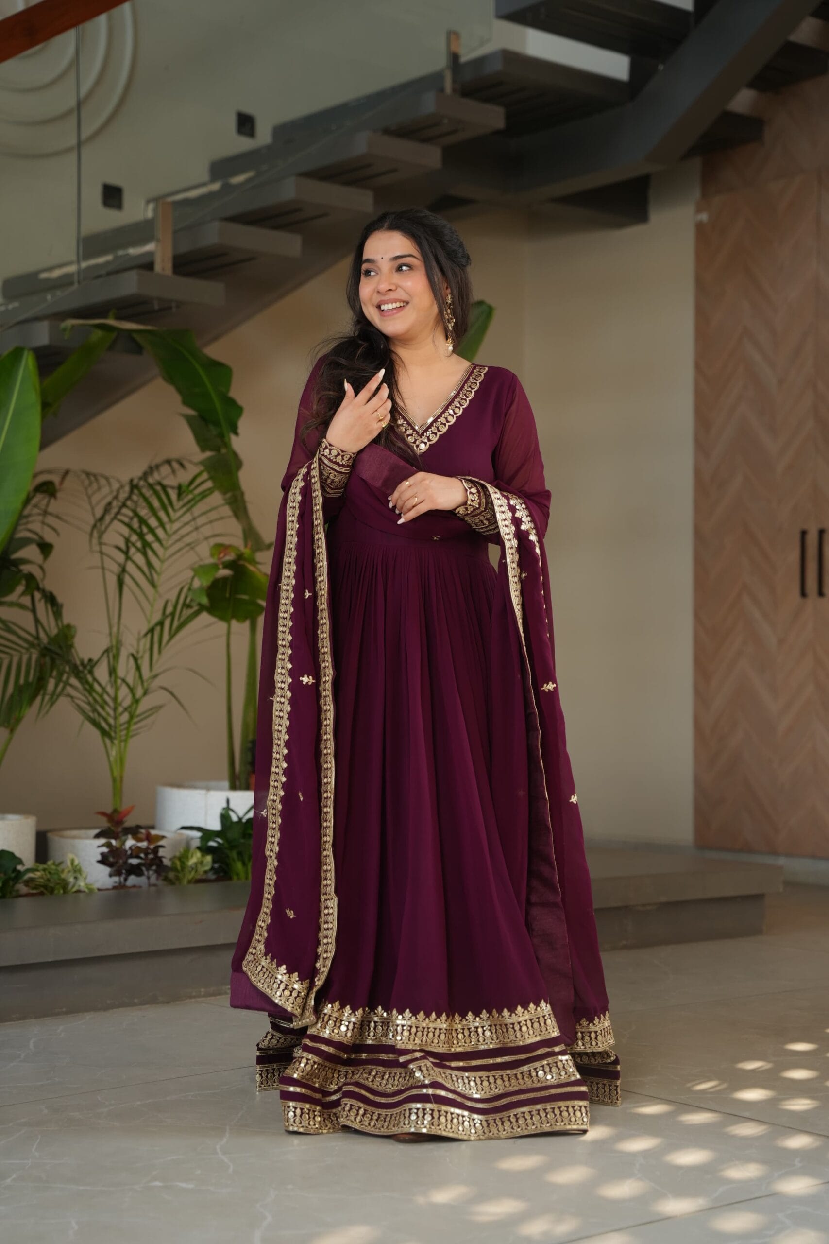 Readymade Beautiful Maroon Gown with Dupatta - Image 5