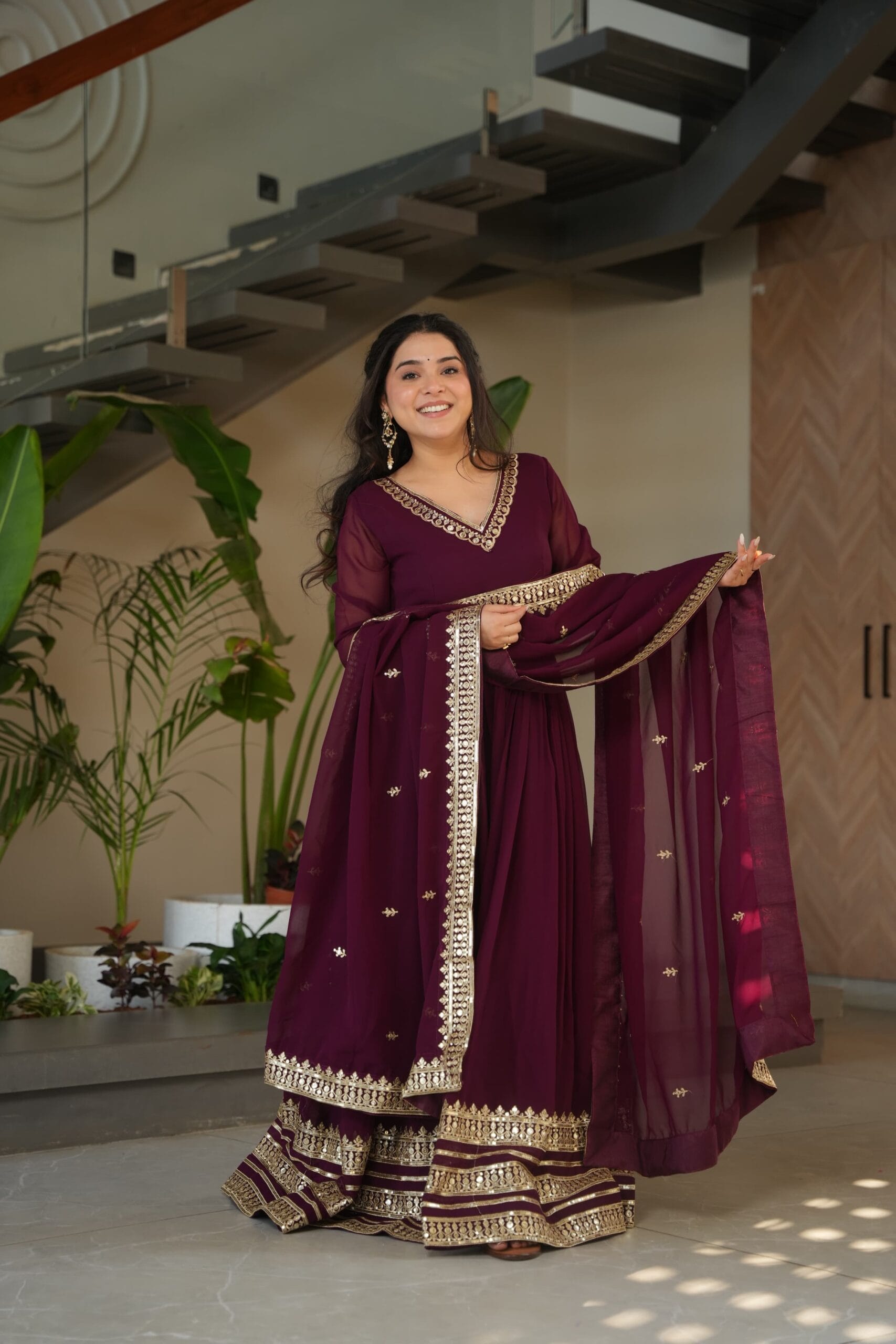 Readymade Beautiful Maroon Gown with Dupatta - Image 6