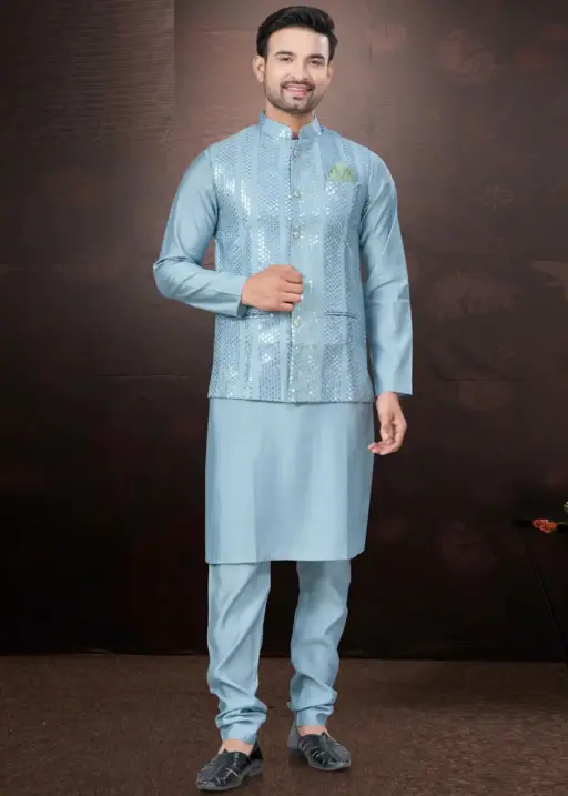 Wedding Wear Kurta With Nehru Jacket For Mens
