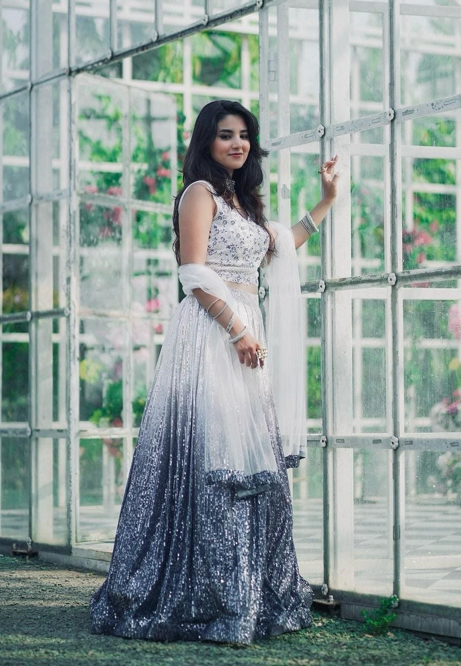 White and Purple Shaded Georgette Full Sequin Lehenga Choli