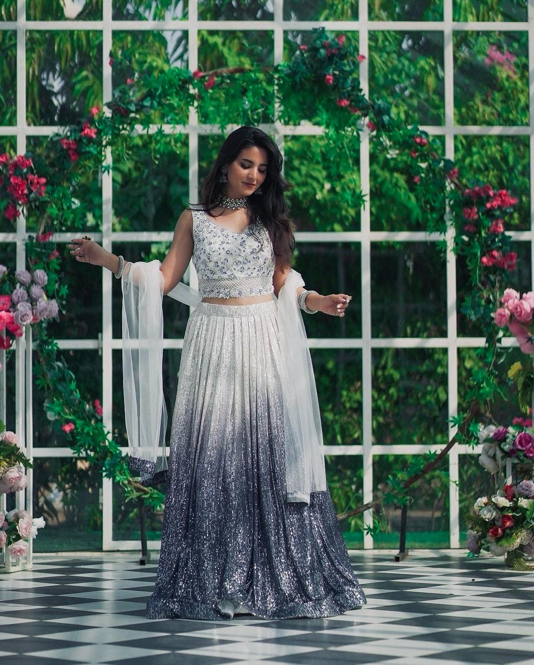 White and Purple Shaded Georgette Full Sequin Lehenga Choli - Image 4