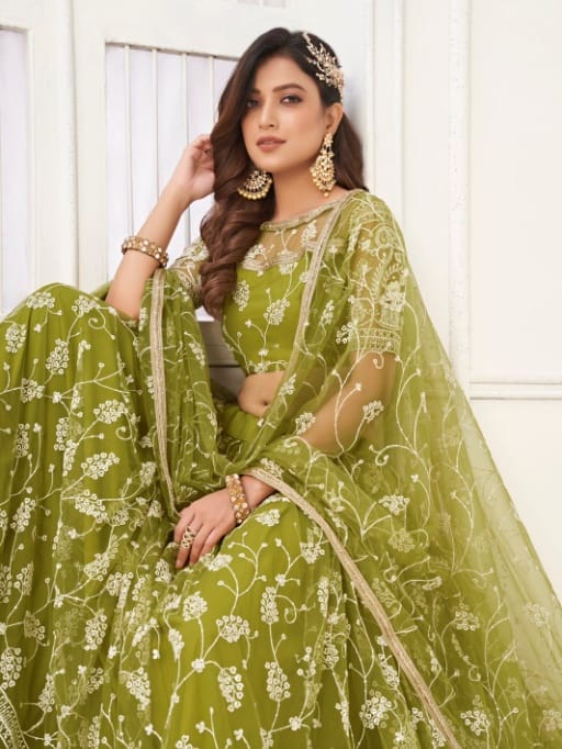 Embellished Green Wedding Wear Net Lehenga Choli