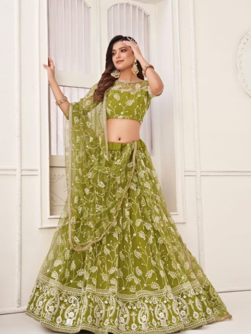 Embellished Green Wedding Wear Net Lehenga Choli