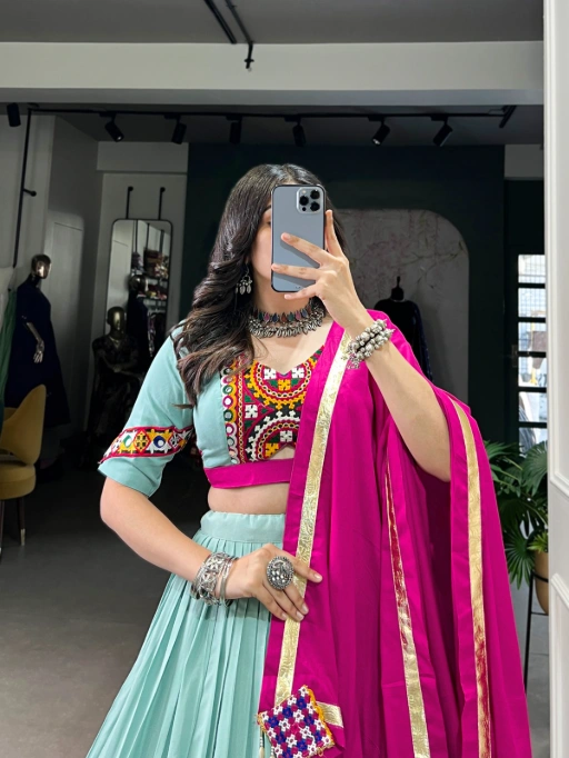Firozi Color Katchi Work Navratri Chaniya Choli