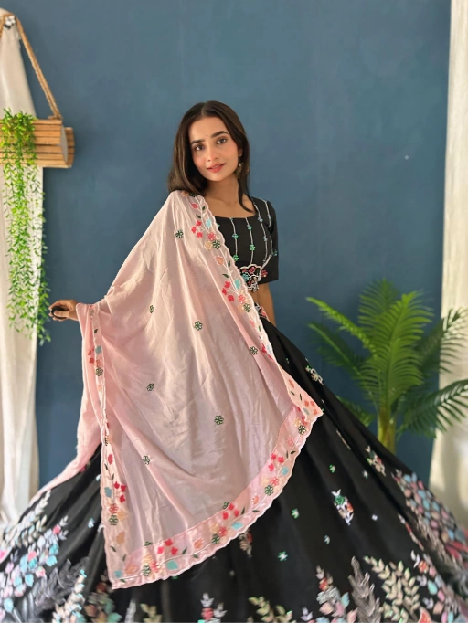 Pure Black Lehenga Choli with Multi Color Embroidery