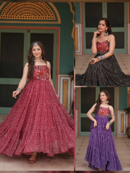 Sleeveless Stylish Bandhni Printed Gown with Katchi Work - Image 3