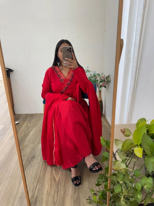 Stylish Cherry Red Gown with Dupatta Set - Image 2