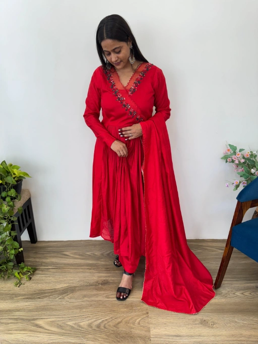 Stylish Cherry Red Gown with Dupatta Set - Image 3