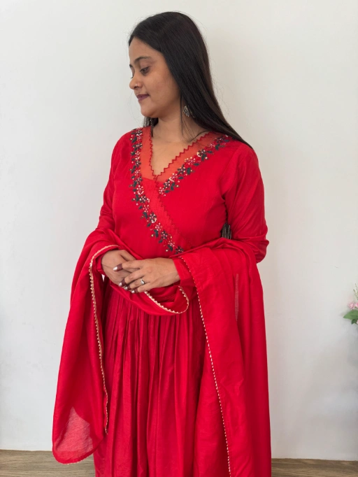 Stylish Cherry Red Gown with Dupatta Set