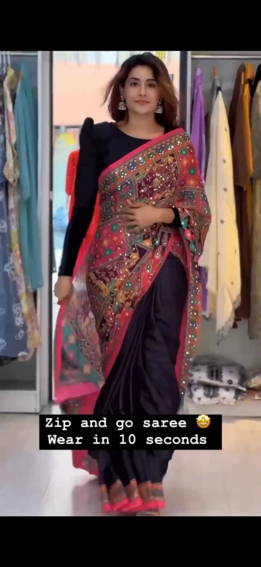Trending Zip and Go Saree with Digital Print and Mirror