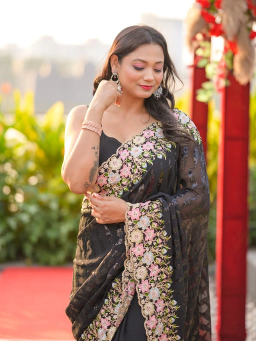 Wedding Wear Heavy Border and Stonework Saree