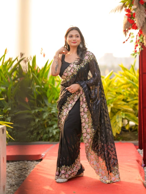 Wedding Wear Heavy Border and Stonework Saree