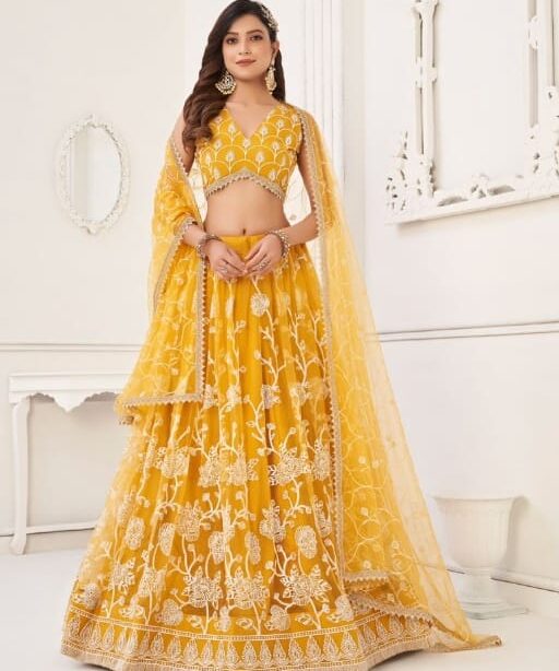 Yellow Color Bridesmaid Net Lehenga Choli for Haldi Function
