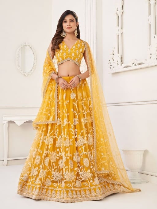 Yellow Color Bridesmaid Net Lehenga Choli for Haldi Function