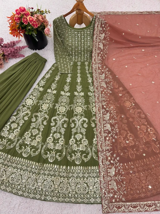 Bollywood Style Mehendi Color Anarkali Suit - Image 3