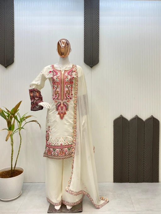 Buy Cream Color Neck Embroidery Pakistani Salwar Suit