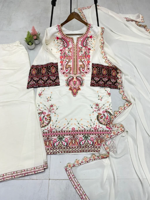 Buy Cream Color Neck Embroidery Pakistani Salwar Suit