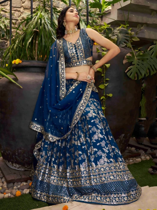 Festive Wear Blue Jacquard Lehenga Choli