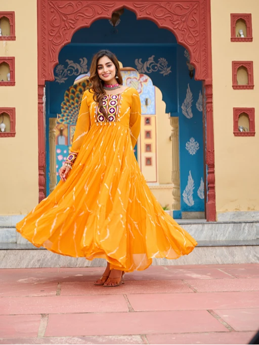 Laheriya Printed Katchi Work Navratri Gown