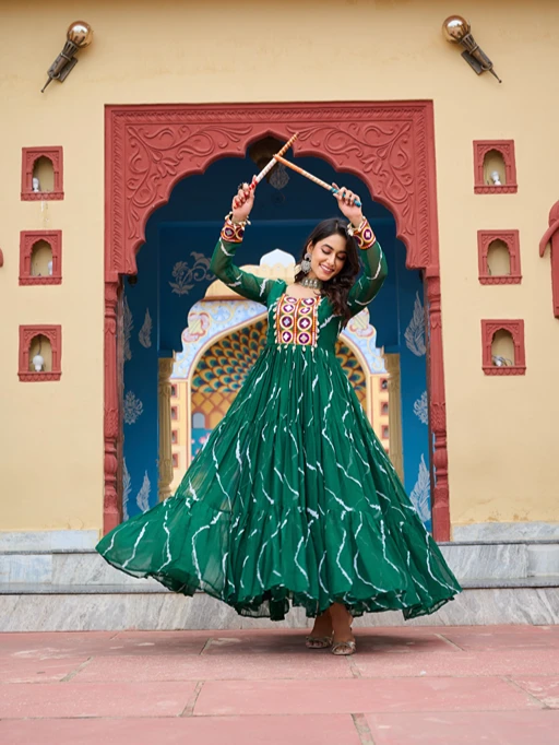 Laheriya Printed Katchi Work Navratri Gown