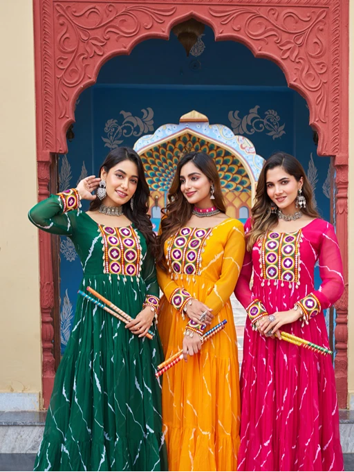 Laheriya Printed Katchi Work Navratri Gown