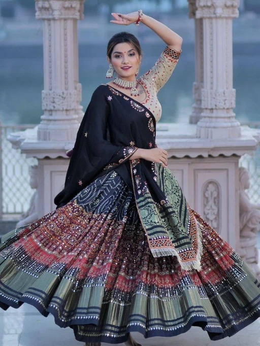 Multi Color Digital Printed Navratri Chaniya Choli with Mirror Work