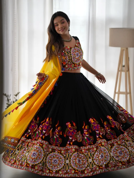 Pure Black Couple Playing Garba Embroidery Work Chaniya Choli