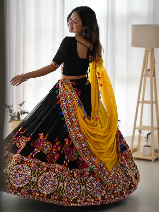 Pure Black Couple Playing Garba Embroidery Work Chaniya Choli