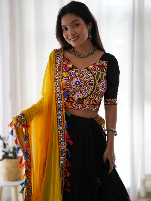 Pure Black Couple Playing Garba Embroidery Work Chaniya Choli