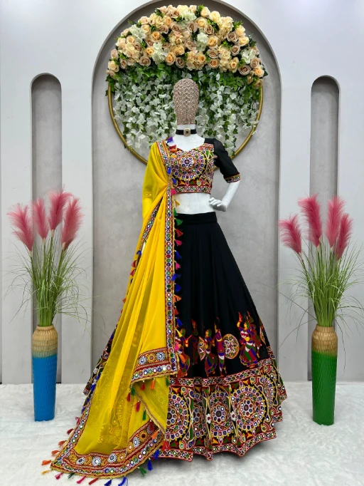 Pure Black Couple Playing Garba Embroidery Work Chaniya Choli
