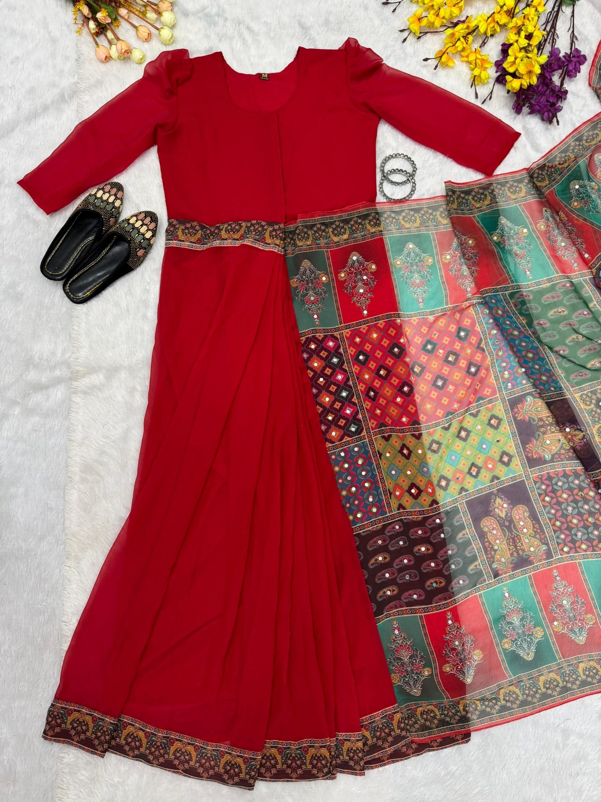 Trending Zip and Go Saree with Digital Print and Mirror - Image 6