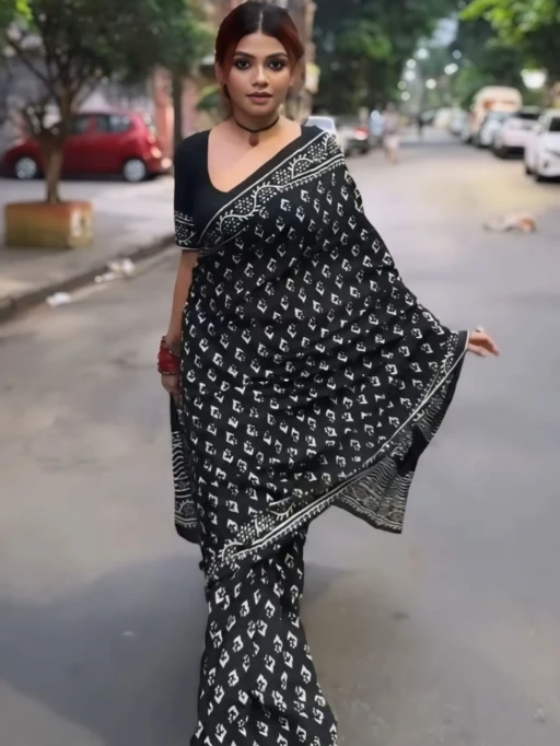 Stylish Black Printed Linen Ready to wear Saree
