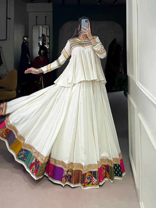 Traditional White Navratri Chaniya with Long Choli