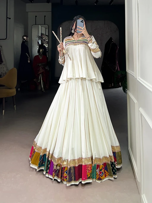 Traditional White Navratri Chaniya with Long Choli
